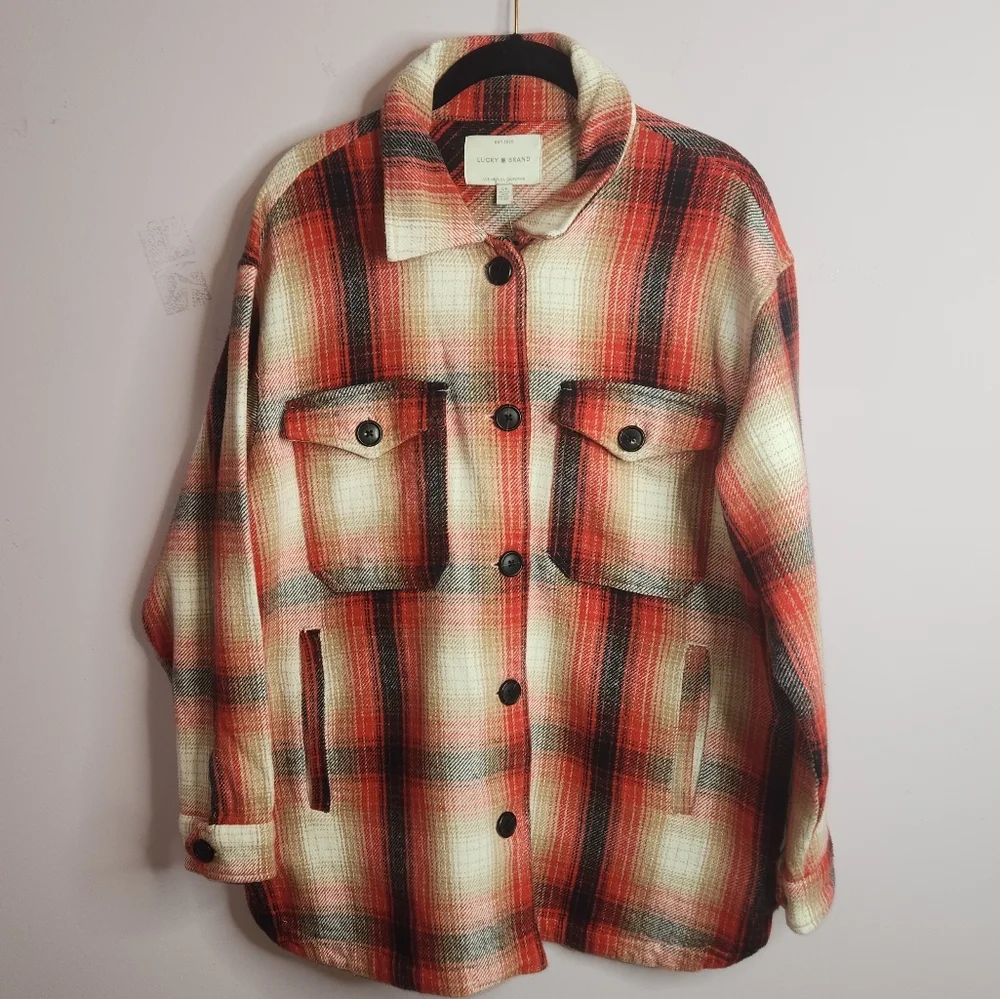 LUCKY BRAND Red plaid Oversized Shirt Jacket, size S